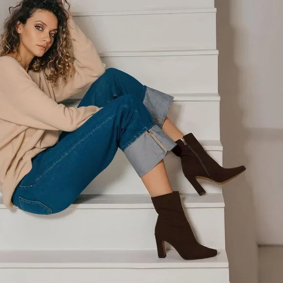 Women's Chocolate Suede Chunky Heel Square Toe Heeled Boots with Zipper Comfort - Picture 3 of 6